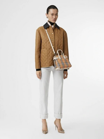 Shop Burberry The Small Banner In Vintage Check And Leather In Limestone