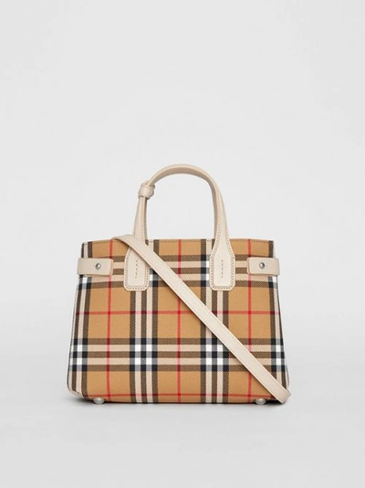 Shop Burberry The Small Banner In Vintage Check And Leather In Limestone