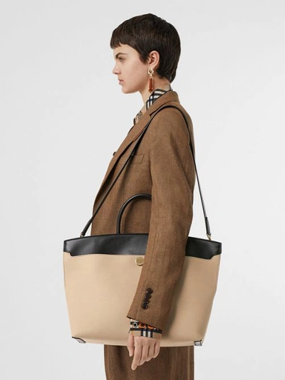 Shop Burberry Cotton Canvas And Leather Society Top Handle Bag In Black/honey