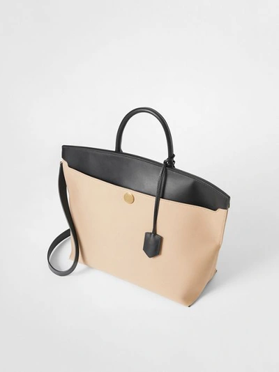 Shop Burberry Cotton Canvas And Leather Society Top Handle Bag In Black/honey