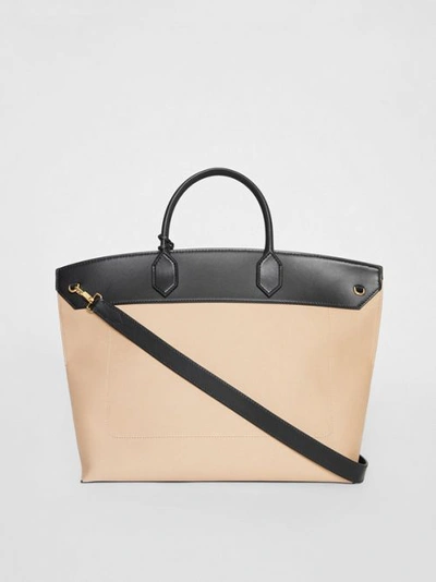 Shop Burberry Cotton Canvas And Leather Society Top Handle Bag In Black/honey