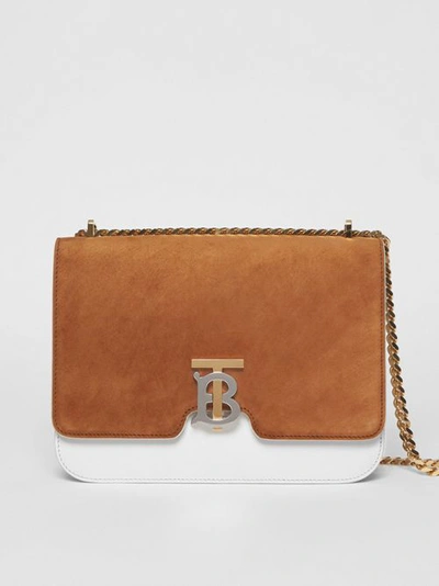 Shop Burberry Medium Two-tone Leather And Suede Tb Bag In White/brown