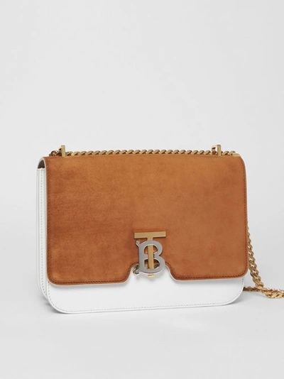 Shop Burberry Medium Two-tone Leather And Suede Tb Bag In White/brown