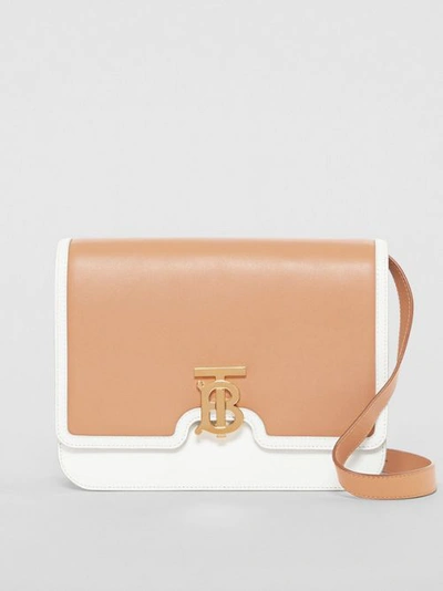 Shop Burberry Medium Two-tone Leather Tb Bag In Chalk White/light Camel
