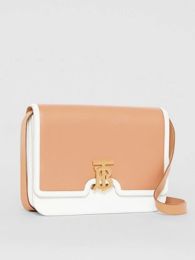 Shop Burberry Medium Two-tone Leather Tb Bag In Chalk White/light Camel