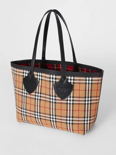 Shop Burberry The Medium Giant Reversible Tote In Vintage Check In Antique Yellow/bright Red