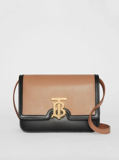 Shop Burberry Small Leather Tb Bag In Light Camel/black