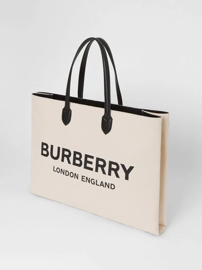 Shop Burberry Logo Detail Cotton Blend Tote In Natural