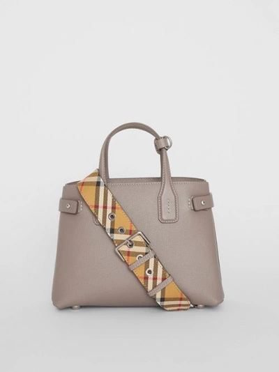 Shop Burberry The Small Banner In Leather And Vintage Check In Taupe Brown