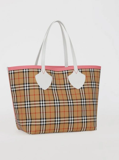 Shop Burberry The Giant Reversible Tote In Vintage Check In Chalk White/bright Coral Pink