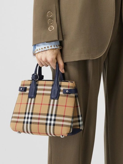 Shop Burberry The Baby Banner In Vintage Check And Leather In Regency Blue