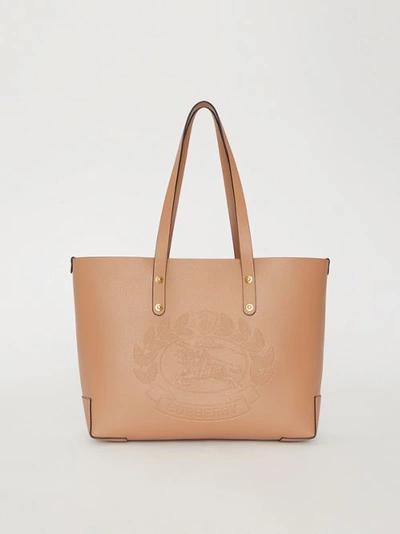 Shop Burberry Small Embossed Crest Leather Tote In Light Camel