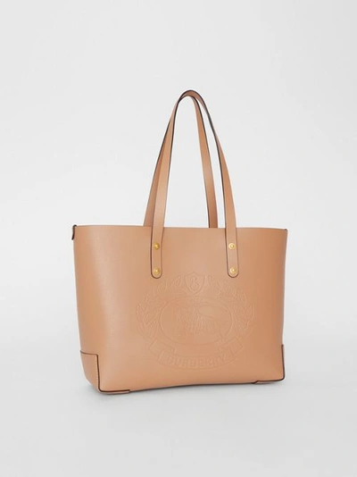 Shop Burberry Small Embossed Crest Leather Tote In Light Camel
