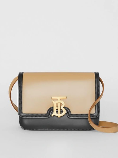 Shop Burberry Small Two-tone Leather Tb Bag In Honey/black