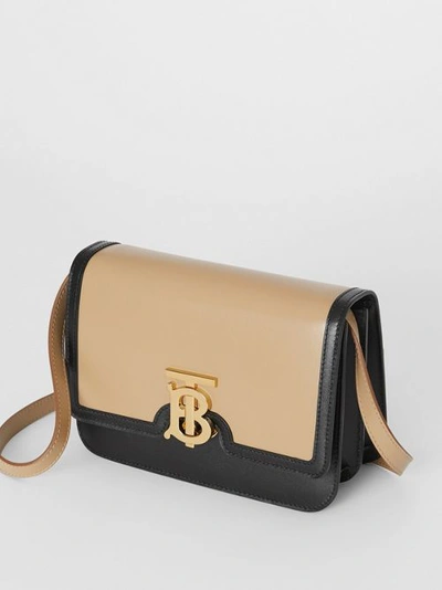 Shop Burberry Small Two-tone Leather Tb Bag In Honey/black