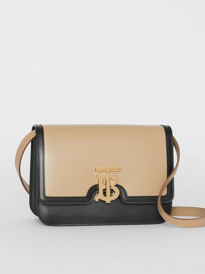 Shop Burberry Small Two-tone Leather Tb Bag In Honey/black