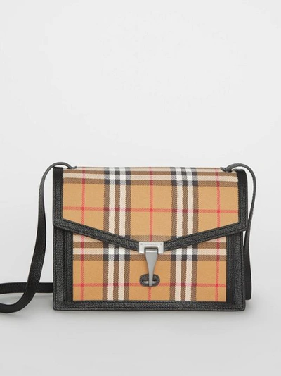 Shop Burberry Small Vintage Check And Leather Crossbody Bag In Black