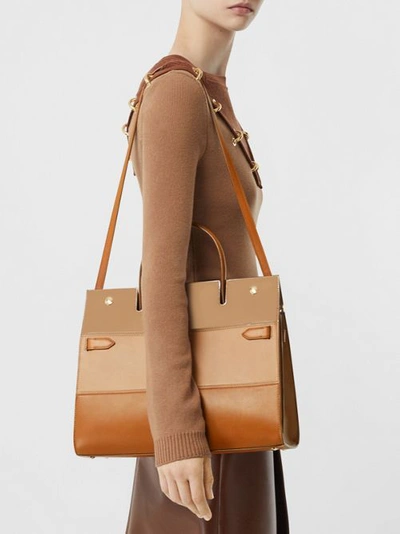 Shop Burberry Medium Panelled Leather Title Bag In Soft Fawn
