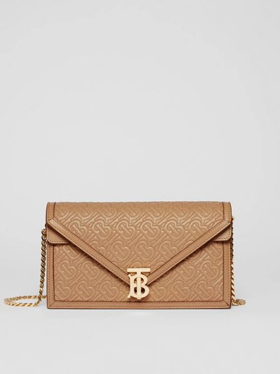 Shop Burberry Small Quilted Monogram Tb Envelope Clutch In Honey