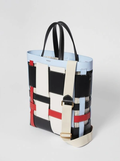 Shop Burberry Medium Colour Block Leather Foster Tote In Blue