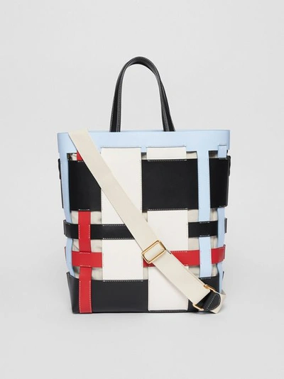 Shop Burberry Medium Colour Block Leather Foster Tote In Blue