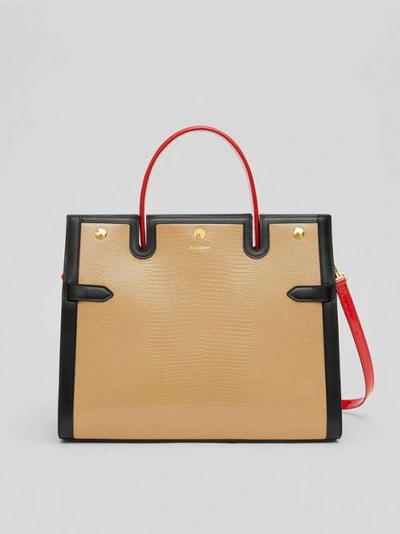 Shop Burberry Medium Embossed Leather Title Bag In Honey