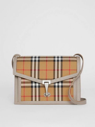 Shop Burberry Small Vintage Check And Leather Crossbody Bag In Taupe Brown