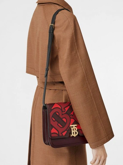 Shop Burberry Medium Monogram Appliqué Leather Tb Bag In Oxblood