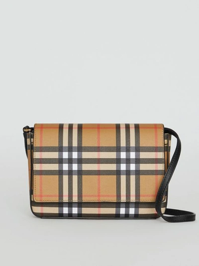 Shop Burberry Small Vintage Check And Leather Crossbody Bag In Black