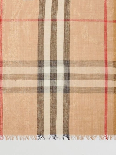 Shop Burberry Metallic Check Silk And Wool Scarf In Camel/gold