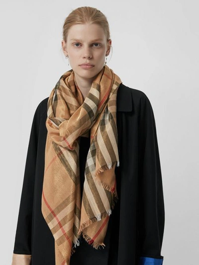 Shop Burberry Metallic Check Silk And Wool Scarf In Camel/gold