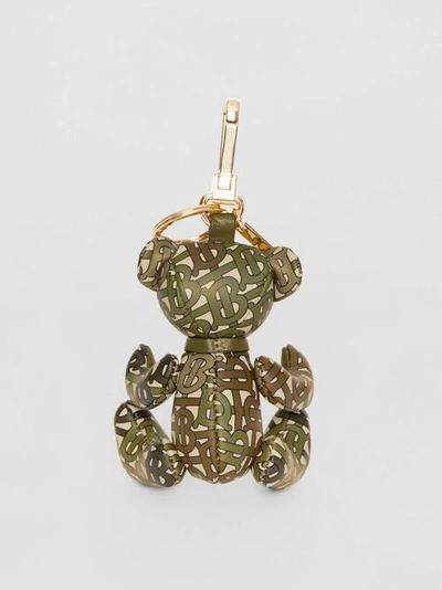 Shop Burberry Thomas Bear Charm In Monogram Print Leather In Khaki Green