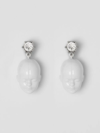 Shop Burberry Crystal And Doll's Head Palladium-plated Earrings In White/palladium