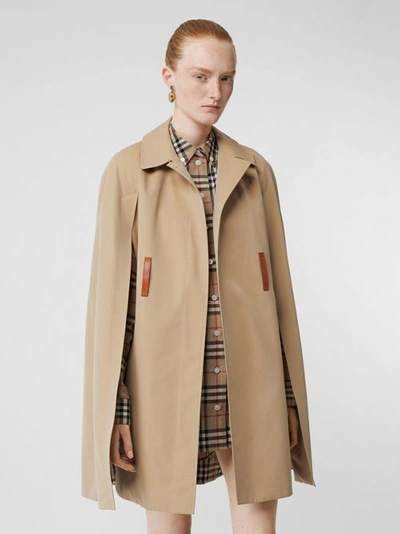 Shop Burberry Leather Detail Cotton Gabardine Belted Cape In Honey