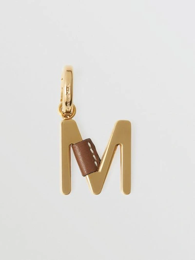 Shop Burberry Leather-wrapped ‘m' Alphabet Charm In Light Gold/tan
