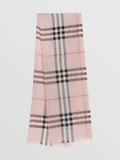 Shop Burberry Metallic Check Silk And Wool Scarf In Ash Rose/silver