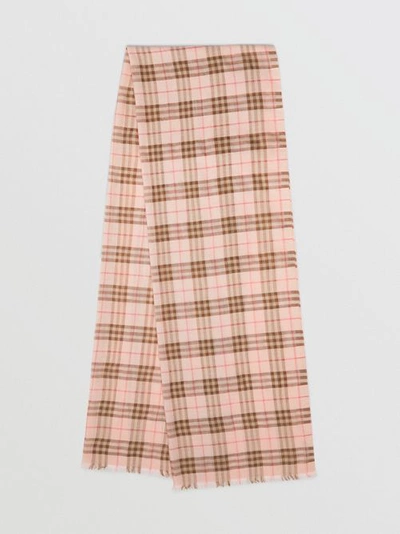 Shop Burberry Metallic Check Wool Silk Blend Scarf In Ice Pink