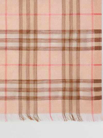 Shop Burberry Metallic Check Wool Silk Blend Scarf In Ice Pink