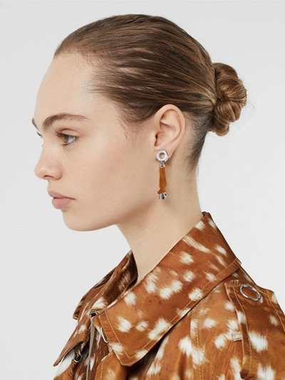 Shop Burberry Calf Hair And Palladium-plated Hoof Drop Earrings In Palladium/camel