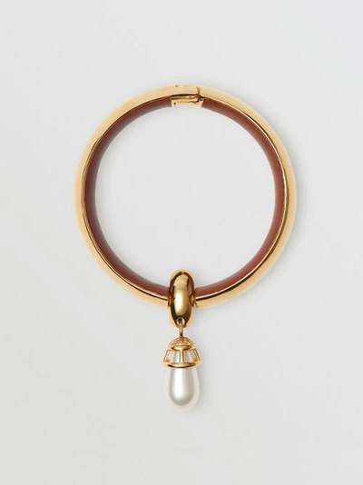 Shop Burberry Faux Pearl Detail Lambskin And Gold-plated Bangle In Light Gold