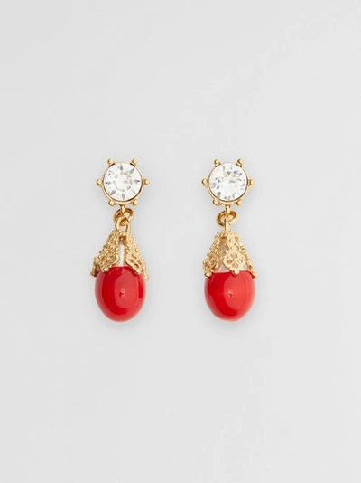 Shop Burberry Gold-plated Faux Pearl Charm Earrings In Bright Red/light Gold