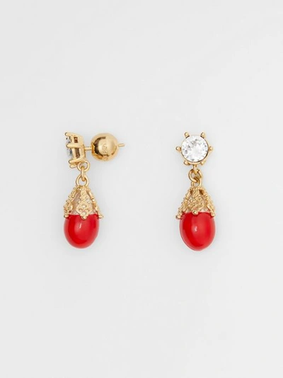 Shop Burberry Gold-plated Faux Pearl Charm Earrings In Bright Red/light Gold