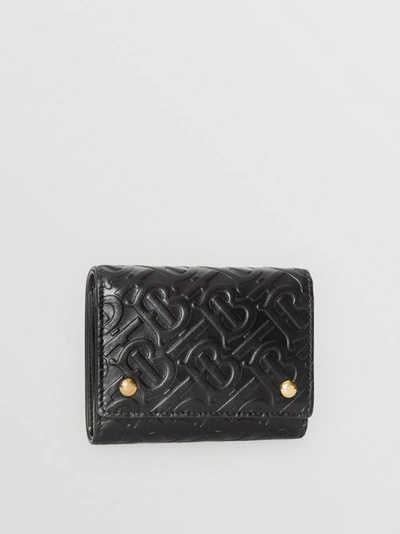 Shop Burberry Small Monogram Leather Folding Wallet In Black