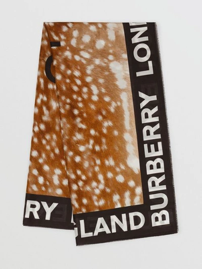 Shop Burberry Slogan Deer Print Cotton Silk Large Square Scarf In Brown