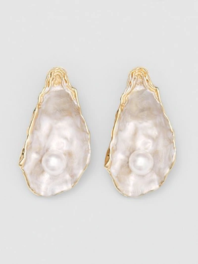 Shop Burberry Faux Pearl Detail Gold-plated Oyster Earrings In Light Gold / Pearl