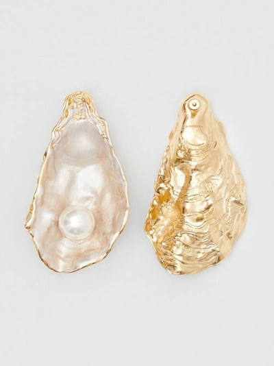 Shop Burberry Faux Pearl Detail Gold-plated Oyster Earrings In Light Gold / Pearl