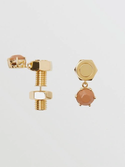 Shop Burberry Leather Charm Gold-plated Nut And Bolt Earrings In Nutmeg/light Gold