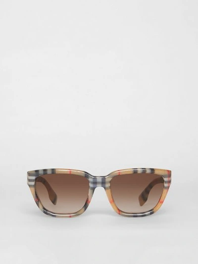 Shop Burberry Vintage Check Detail Square Frame Sunglasses In Antique Yellow