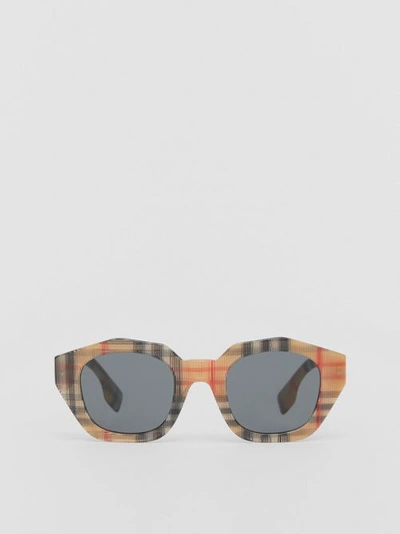 Shop Burberry Vintage Check Geometric Frame Sunglasses In Antique Yellow