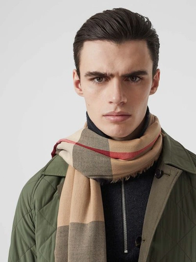 Shop Burberry Lightweight Check Cashmere Scarf In Camel